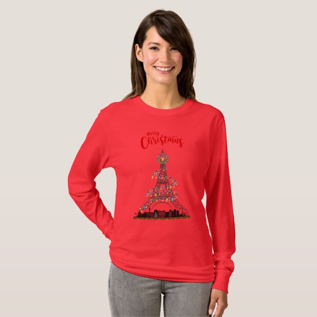 T-Shirt de Longa Folha de Natal da Torre Eiffel LV (Frente Completa)