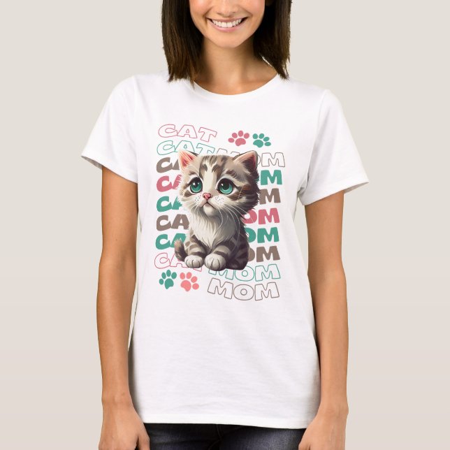 T-Shirt de Mãe Gato Bonito com Gatinho Adorável (Frente)