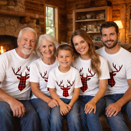 T-shirt Deer Buck Head Silhouette Xadrez Vermelha e Preta