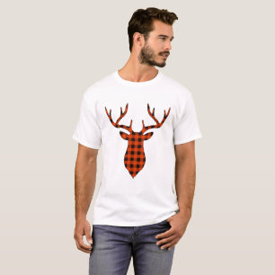 T-shirt Deer Buck Head Silhouette Xadrez Vermelha e Preta
