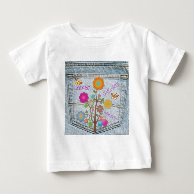 T-shirt Denim Back Pocket Flores Paz Esperança (Frente)