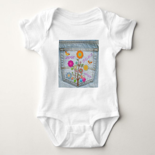 T-shirt Denim Back Pocket Flores Paz Esperança (Frente)