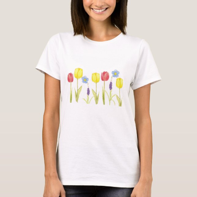 T-shirt Desenho de Primavera de Jardim das Flores Vermelha (Frente)
