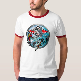 T-shirt desenhos animados do mergulhador do tubarão