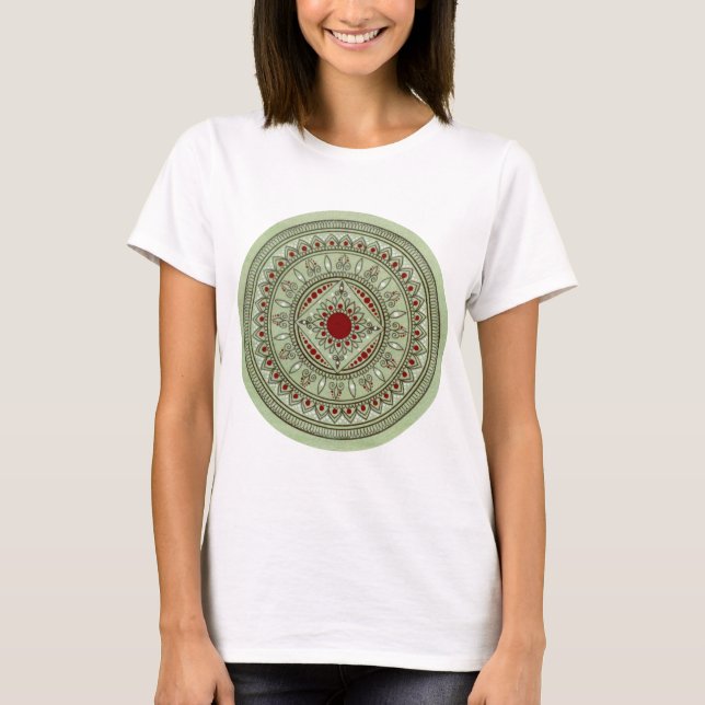 T-shirt Design verde e vermelho tirado mão da flor da (Frente)