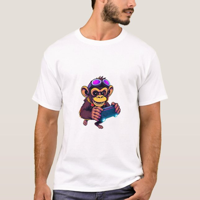 T-Shirt Diversão De Macaco De Pixel Gamer (Frente)