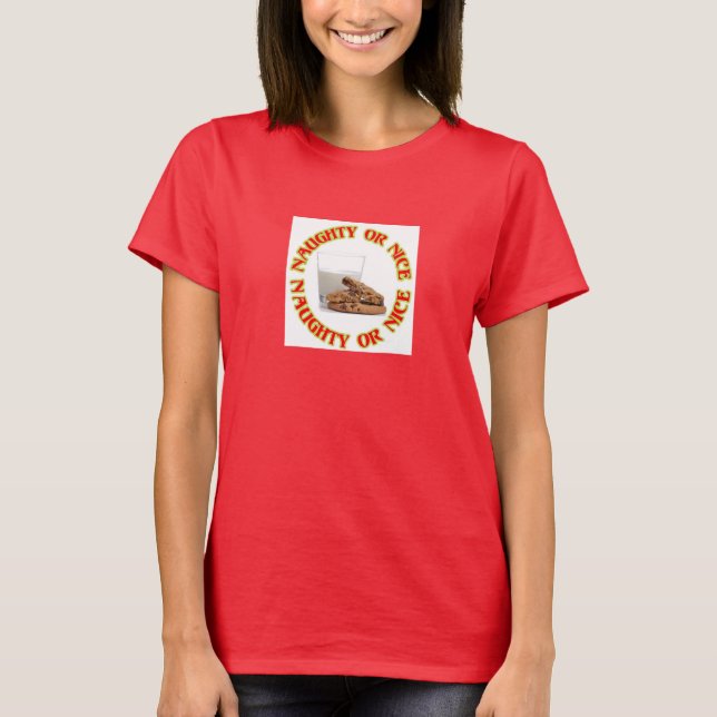 T-shirt divertida Red Naughty ou Nice e Cookies (Frente)