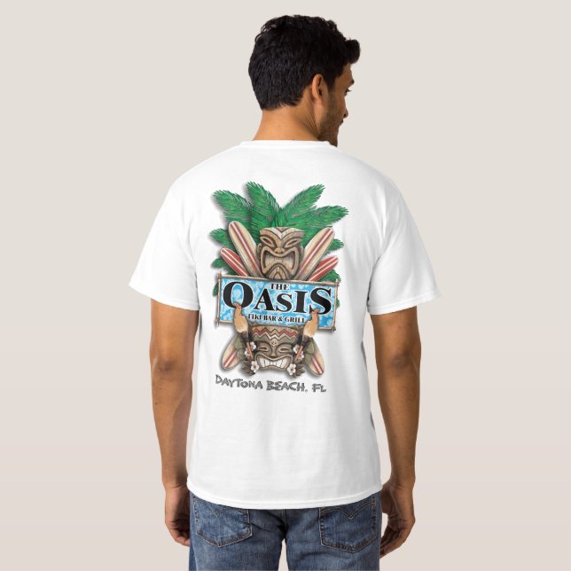 T-shirt do bar e grill de Tiki dos oásis (branco) (Parte Traseira Completa)