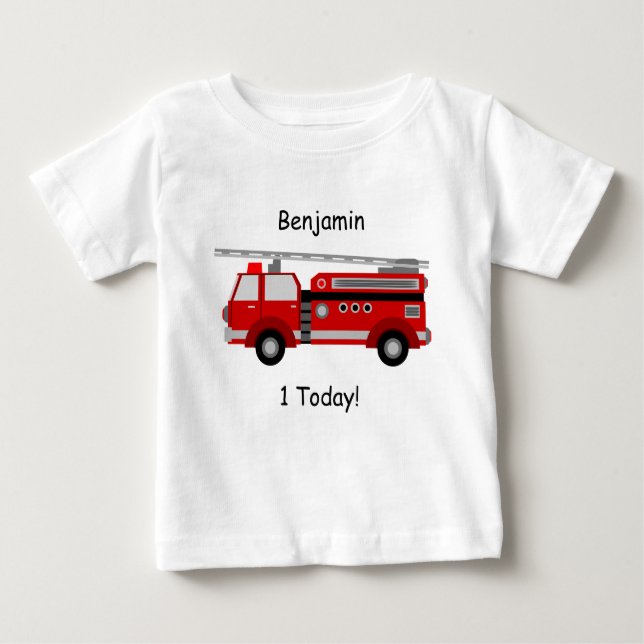 T-shirt do bebê com carro de bombeiros, nome e (Frente)