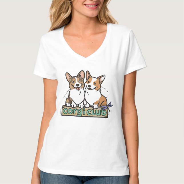 T-shirt do clube do Corgi do V-Pescoço das (Frente)