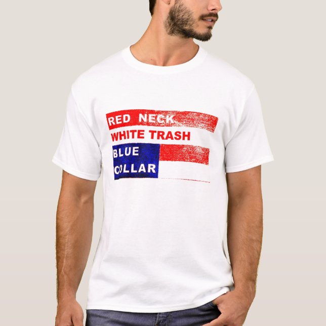 T-shirt do colarinho azul do lixo branco do (Frente)