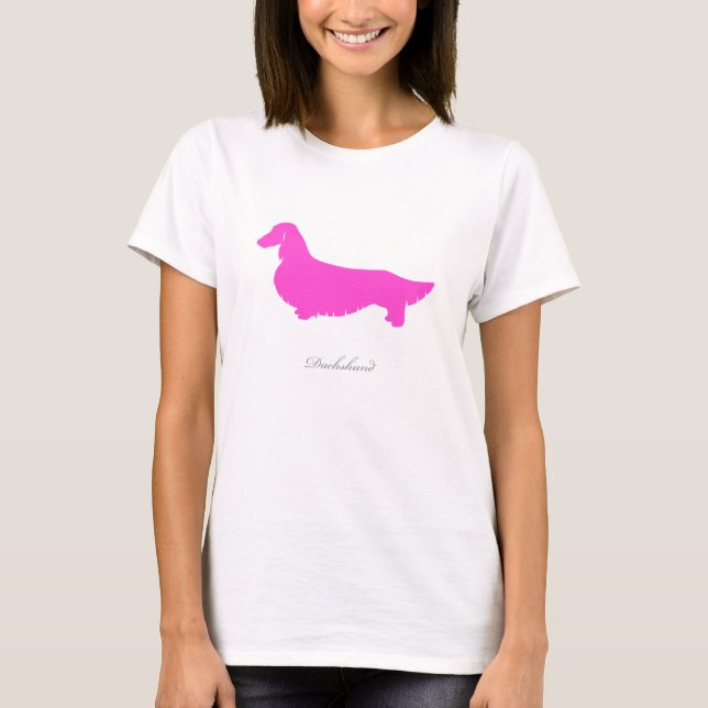 T-shirt do Dachshund (versão longa cor-de-rosa 1 (Frente)