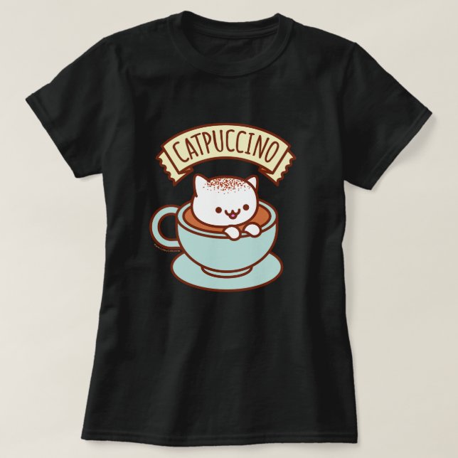 T-shirt do gato das mulheres - "CATPUCCINO " (Frente do Design)