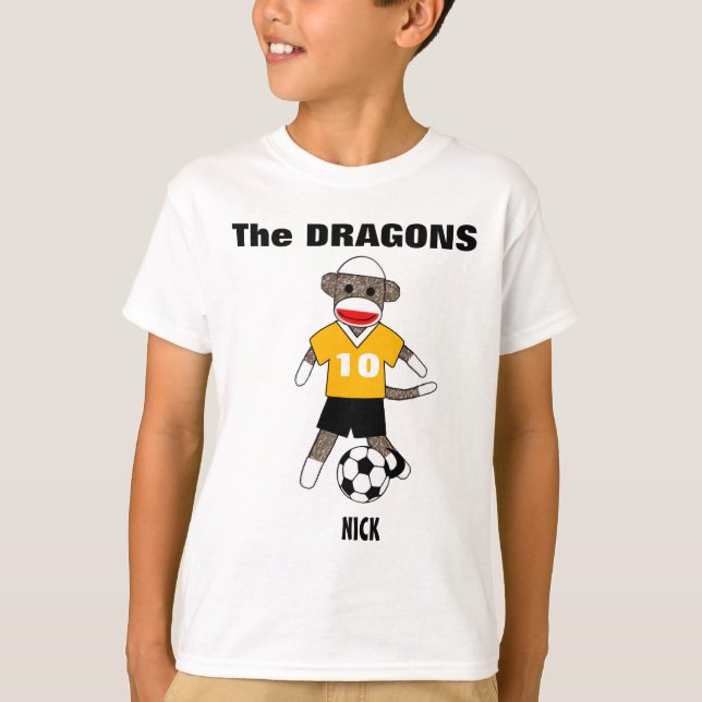 T-shirt do macaco da peúga do futebol (ouro) - (Frente)