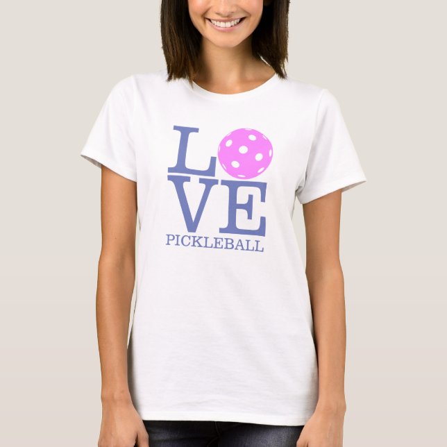 T-shirt do Pickleball das mulheres: "AMOR" (rosa) (Frente)