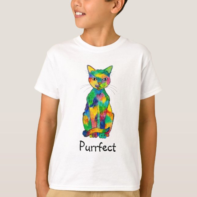 T-shirt do Raglan de Purrfect do gato do arco-íris (Frente)