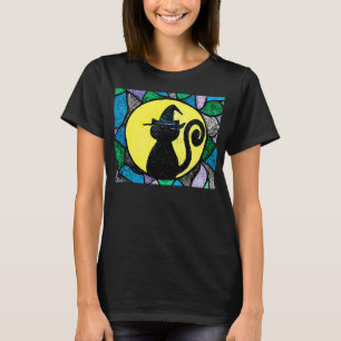 T-shirt do vitral do gato da bruxa