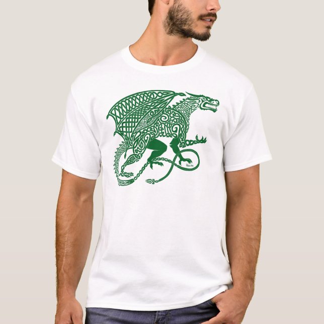 T-shirt Dragão verde de Knotwork no branco (Frente)