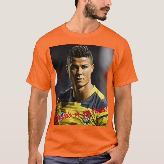 T-Shirt é cor laranja. (Frente)
