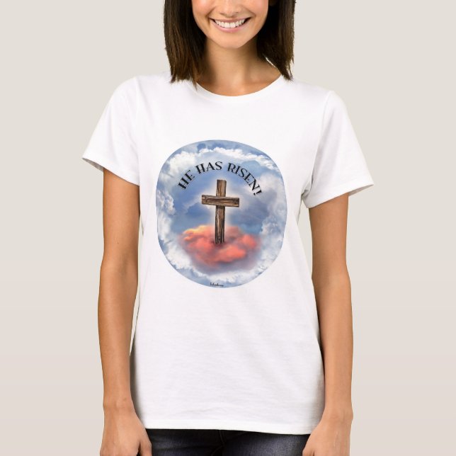 T-shirt Ele Ressuscitou Cruz Áspera Com Nuvens (Frente)