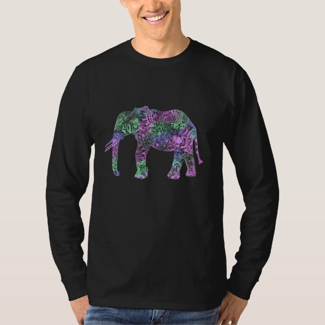 T-shirt elefante de néon floral tribal colorido (Frente)