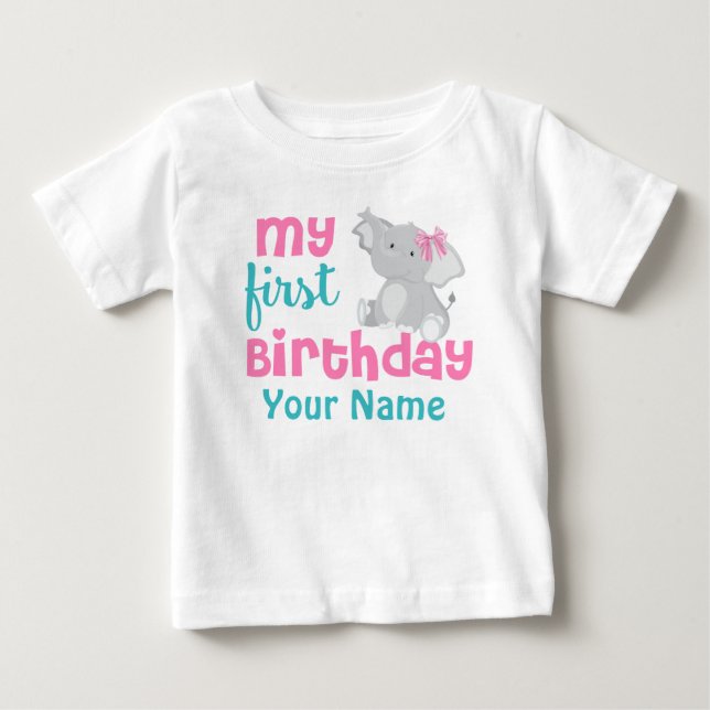 T-shirt Elefante Rosa-primeiro aniversario Personalizado (Frente)