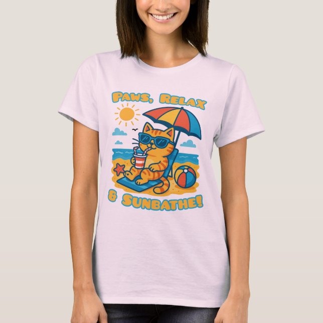 T-Shirt Engraçado Cat Beach - Patas, Relaxe e Sunb (Frente)