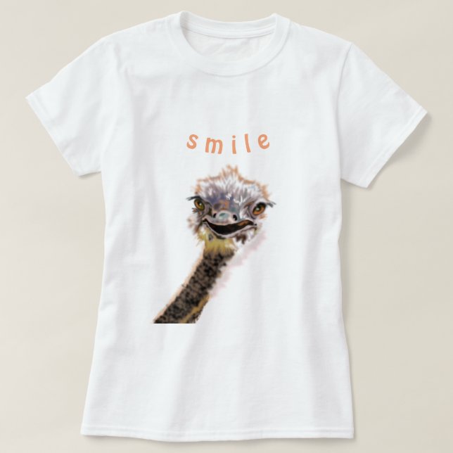 T-Shirt Engraçado com avestruz feliz - Sorria (Frente do Design)