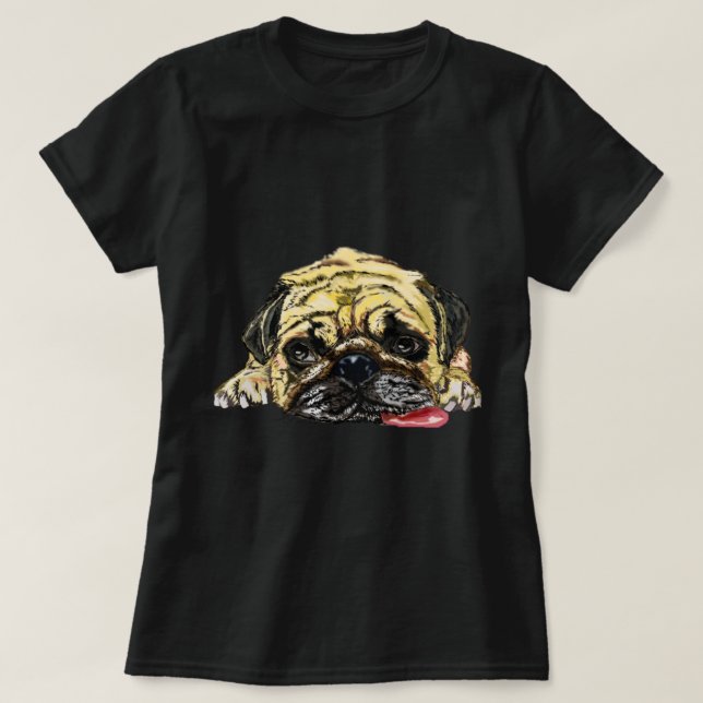 T-Shirt Engraçado com Cachorro-Pug - Cansado (Frente do Design)