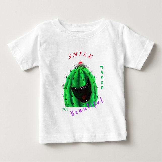 T-Shirt Engraçado com Cactus Feliz - Sorria (Frente)