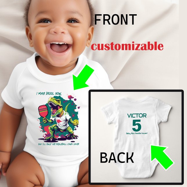 T-Shirt Engraçado com T-Rex (Cute T-rex picklball baby bady siut with custmozable text on both sides)