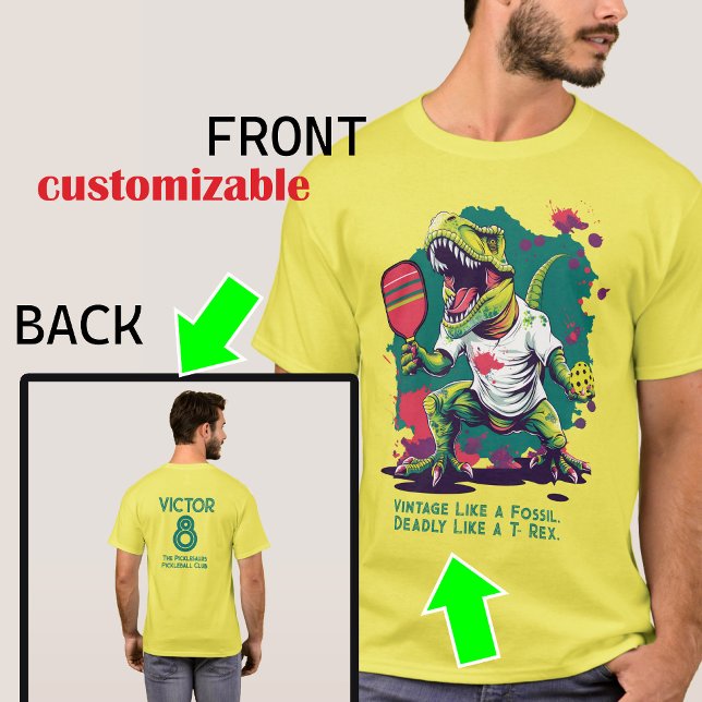 T-Shirt Engraçado com T-Rex (T-rex pikleball t-shirt, customizable tex on both sides)