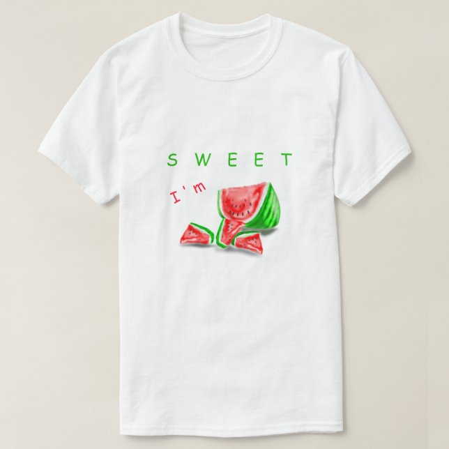 T-Shirt Engraçado Melancia Doce com Texto Reproduz (Frente do Design)