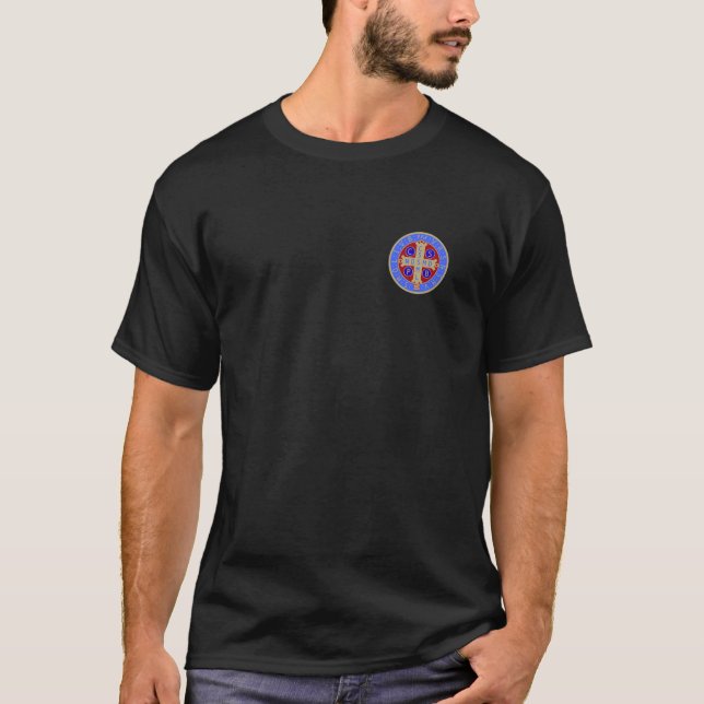 T-shirt escuros com a medalha de St. Benedict (Frente)
