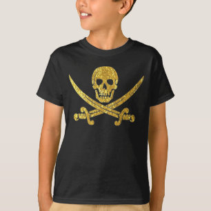 T-shirt Espadas cruzadas crânio do pirata na folha Dourad