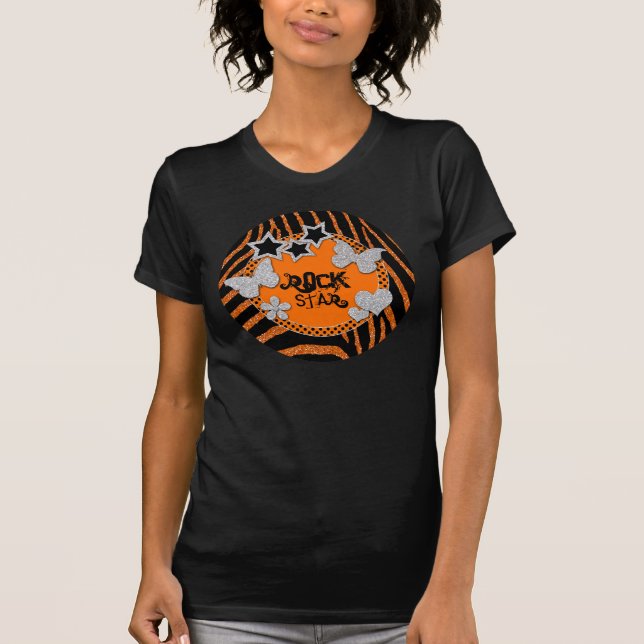T-shirt Estrela de Rocha Negra Laranja Zebra com Largura (Frente)