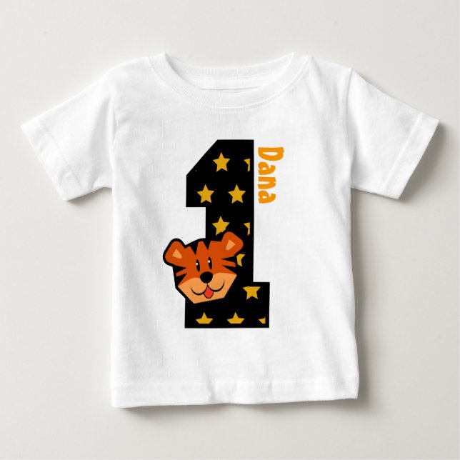 T-shirt Estrelas primeiros aniversarios e Tigre com um ano (Frente)