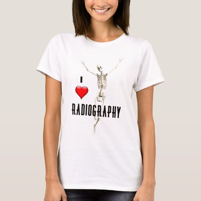 T-shirt "Eu amo a radiografia" com esqueleto feliz (Frente)