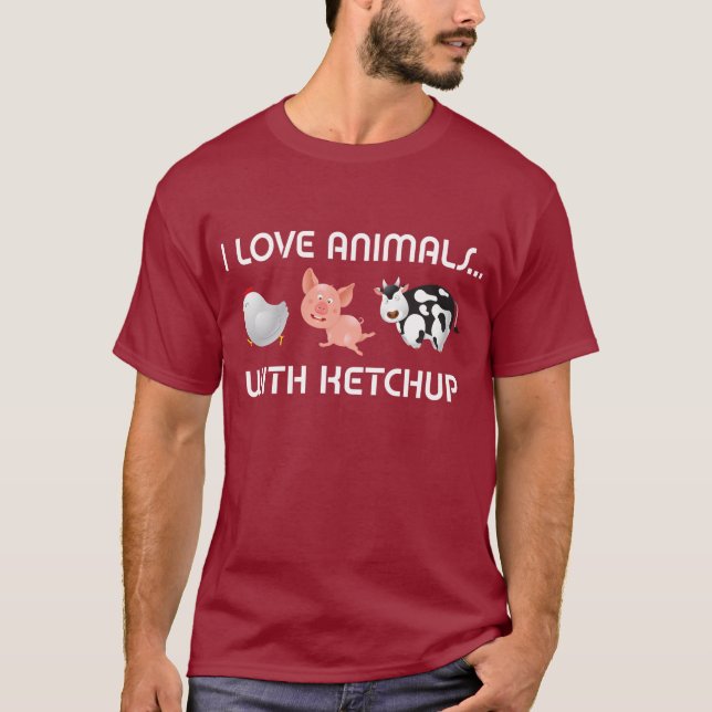 T-shirt Eu amo animais! Com ketchup (Frente)