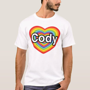 T-shirt Eu amo Cody: coração do arco-íris