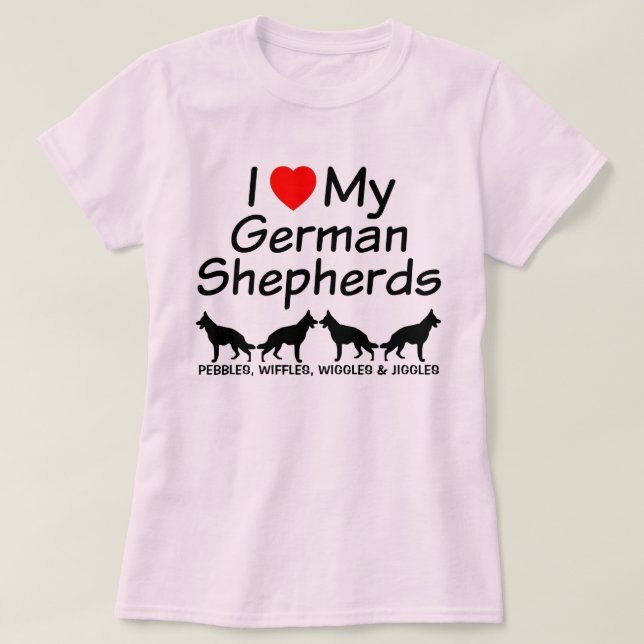T-shirt Eu Amo Meus Quatro German shepherd (Frente do Design)