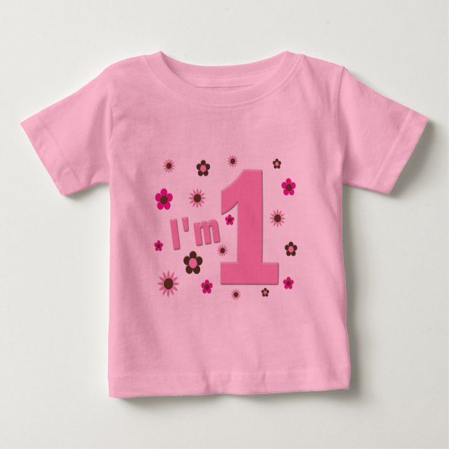 T-shirt "Eu sou 1" rosa e aniversário das flores de Brown (Frente)