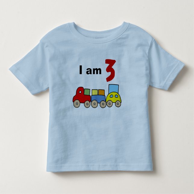 T-shirt Eu sou 3 (trem de brinquedos de madeira) (Frente)