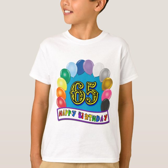 T-shirt Feliz aniversário do 65º aniversário com balões (Frente)