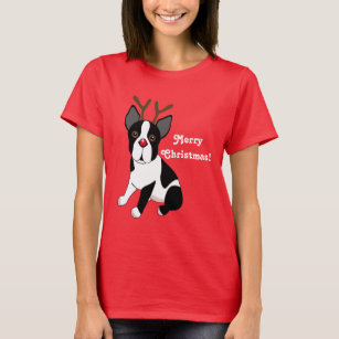 T-shirt Feliz Natal! Cão da rena de Boston Terrier