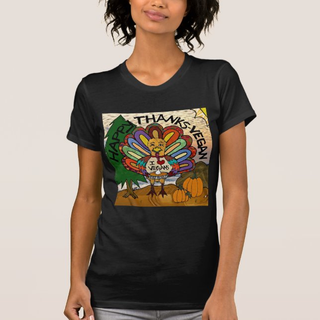 T-shirt Felizes Obrigados Vegan Ação de Graças Turquia (Frente)