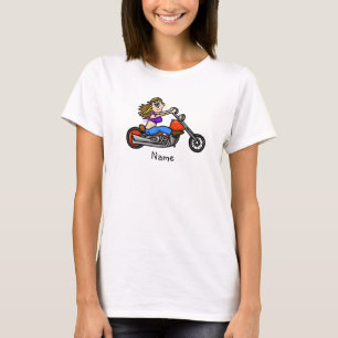 T-shirt fêmea do pintinho da motocicleta dos