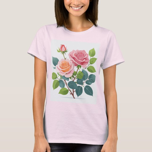 t-shirt feminina com algumas rosas cor-de-rosa (Frente)