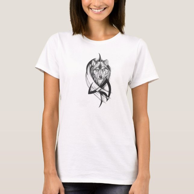 T-shirt feminina com lobo tribal (Frente)
