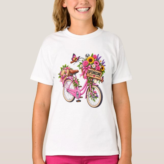T-Shirt Femme Fleuri « Optimisme » – Vélo Rose et  (Frente)